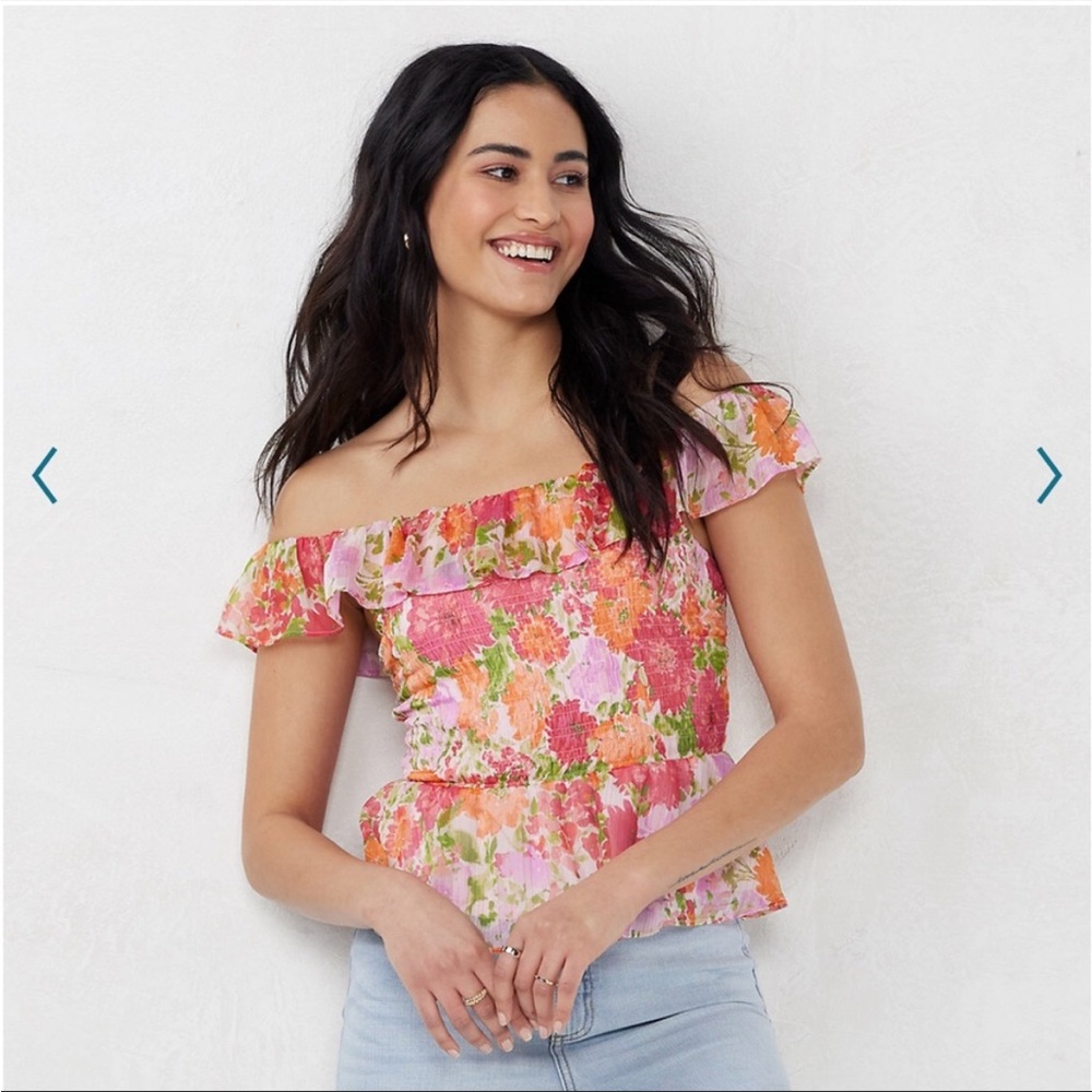 LC Lauren Conrad Smocked Peplum Top, Floral Print - Picture 3 of 12